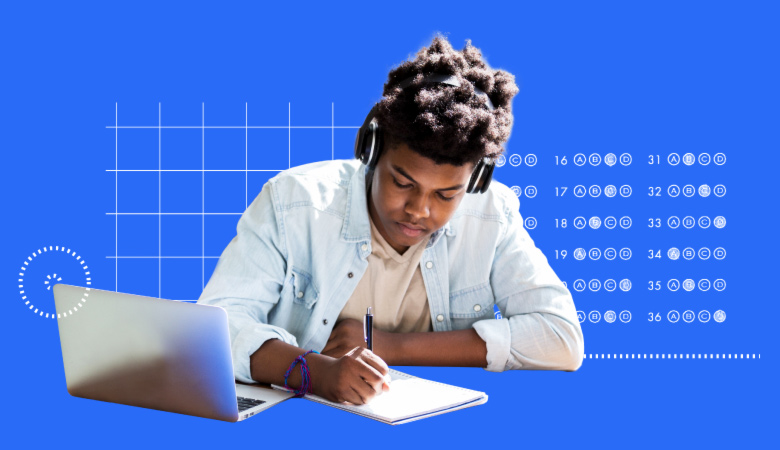 an image collage of a young student wearing headphones and working on assignment, on top of a grid pattern and scantron bubbles on blue background