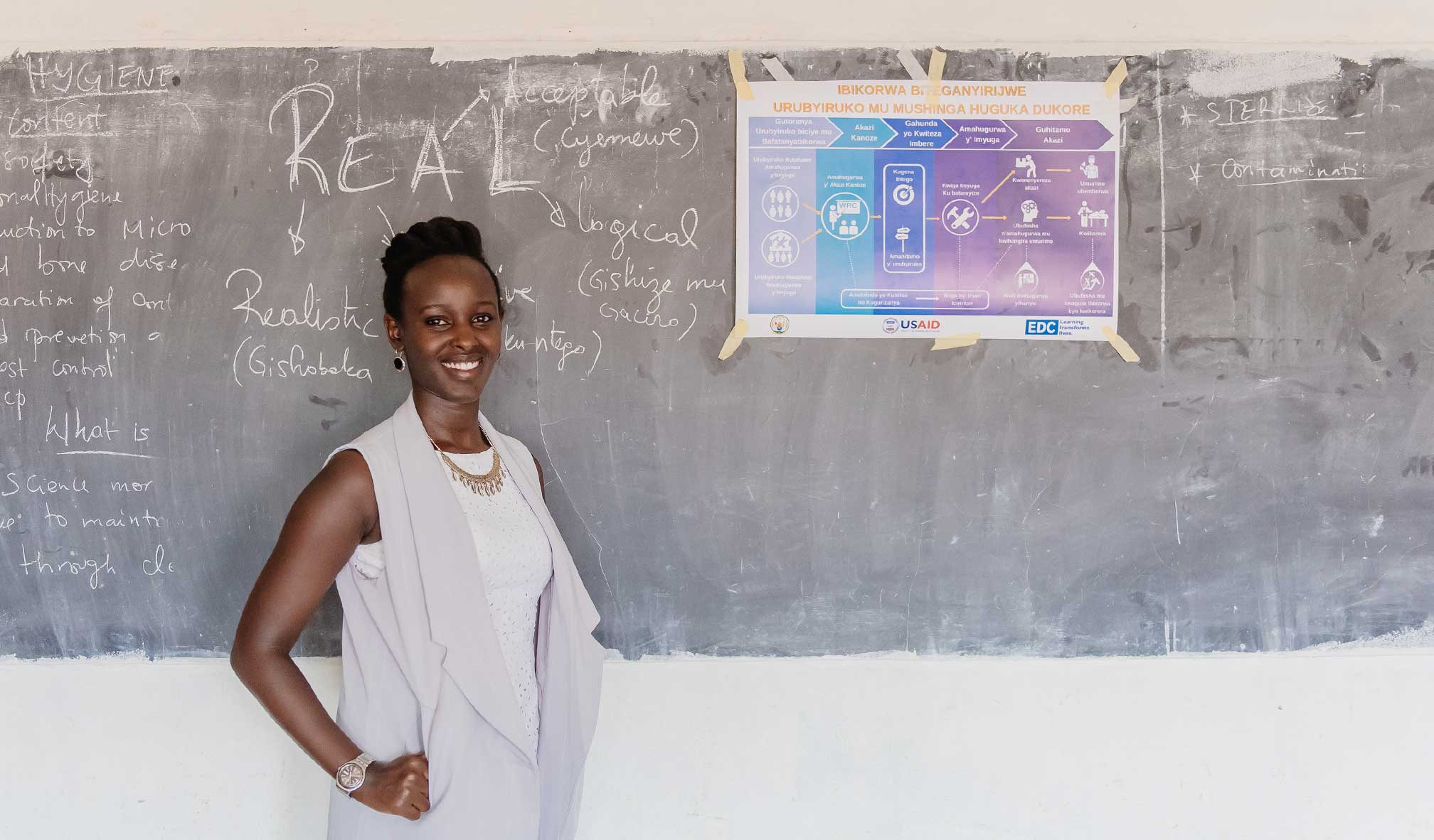 Woman standing with hand in pocket in front of a chalkboard.