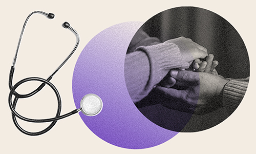 Floating stethoscope and photo of holding hands, against a cream-colored background with a purple circle.