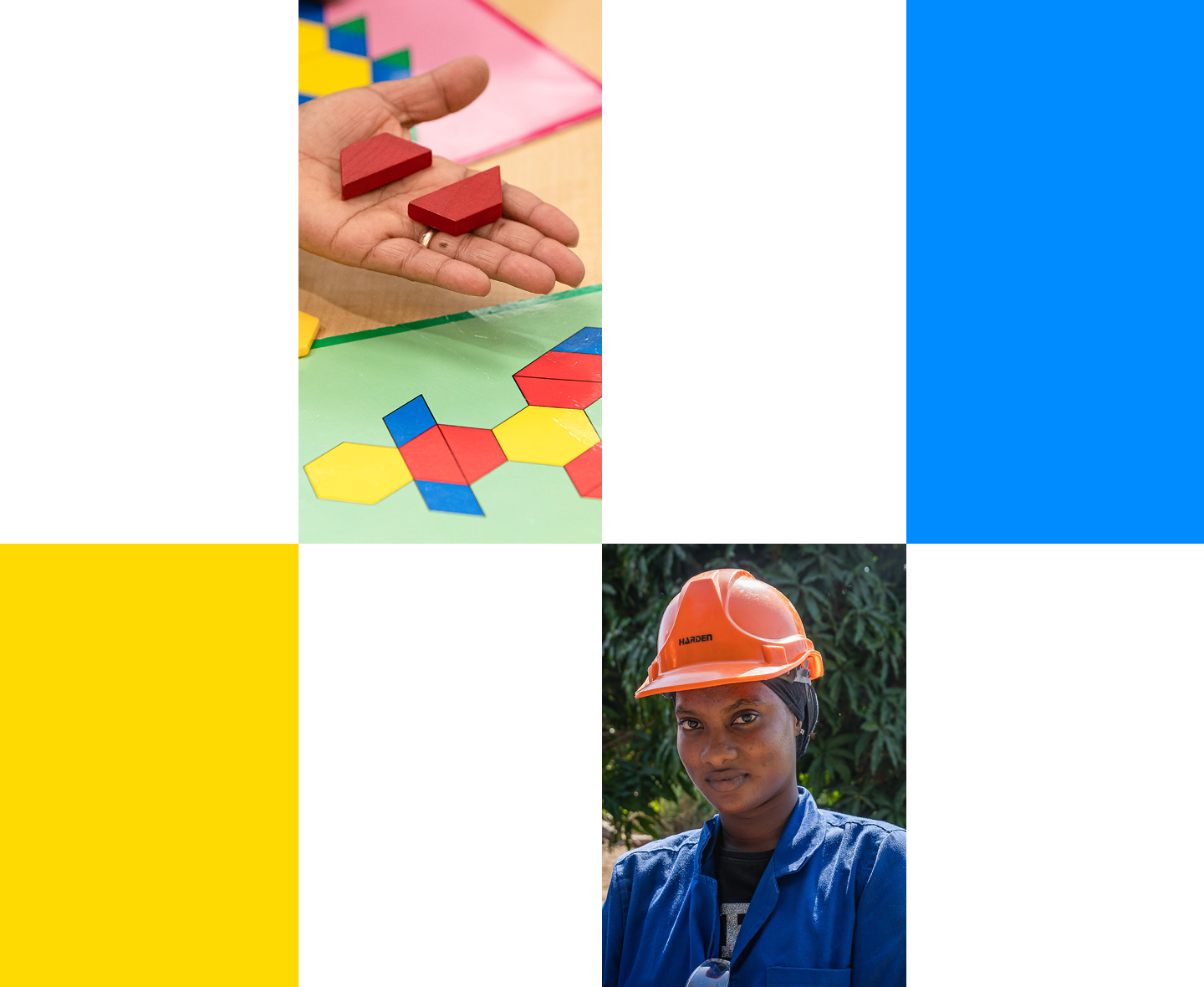 Grid of photos: one showing a hand holding pattern blocks, and another of a person wearing a hard hat.