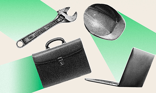 Floating objects: a wrench, hard hat, briefcase, and laptop, against a cream-colored background with scattered green shading behind them.