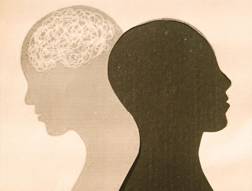 Graphic of two head outlines facing opposite directions, with a brain sketch in one.