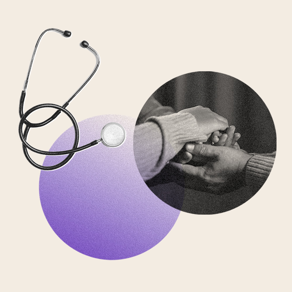 Floating stethoscope and a photo of two hands holding, set against a cream-colored background with a floating purple circle.