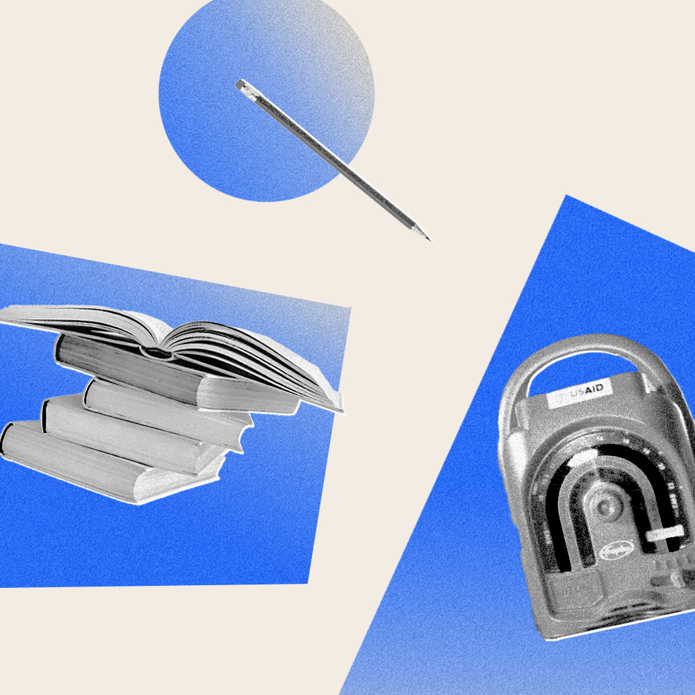 Floating objects: a book, pencil, and radio, against a cream-colored background with scattered blue circles and squares.