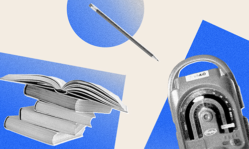 Floating objects: a book, pencil, and radio, against a cream-colored background with scattered blue circles and squares.