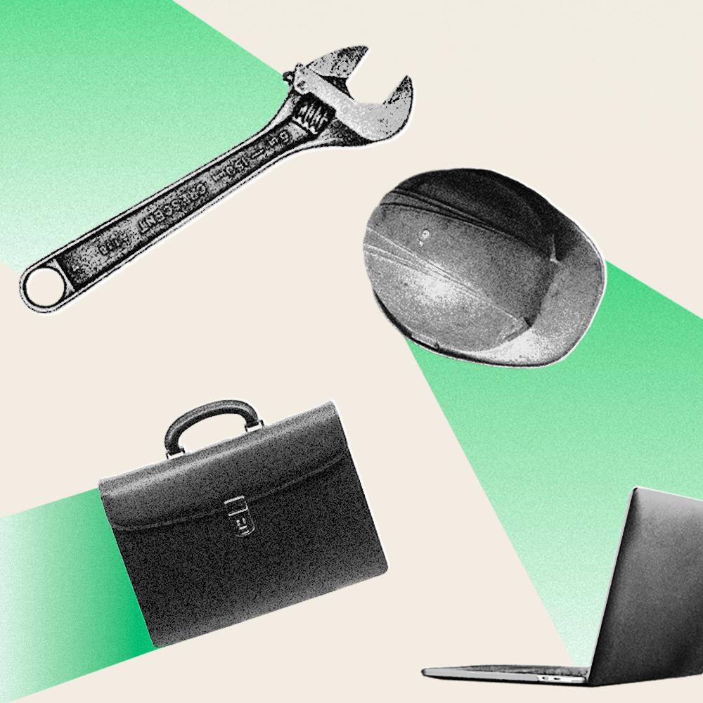Floating objects: a wrench, hard hat, briefcase, and laptop, against a cream-colored background with scattered green shading behind them.