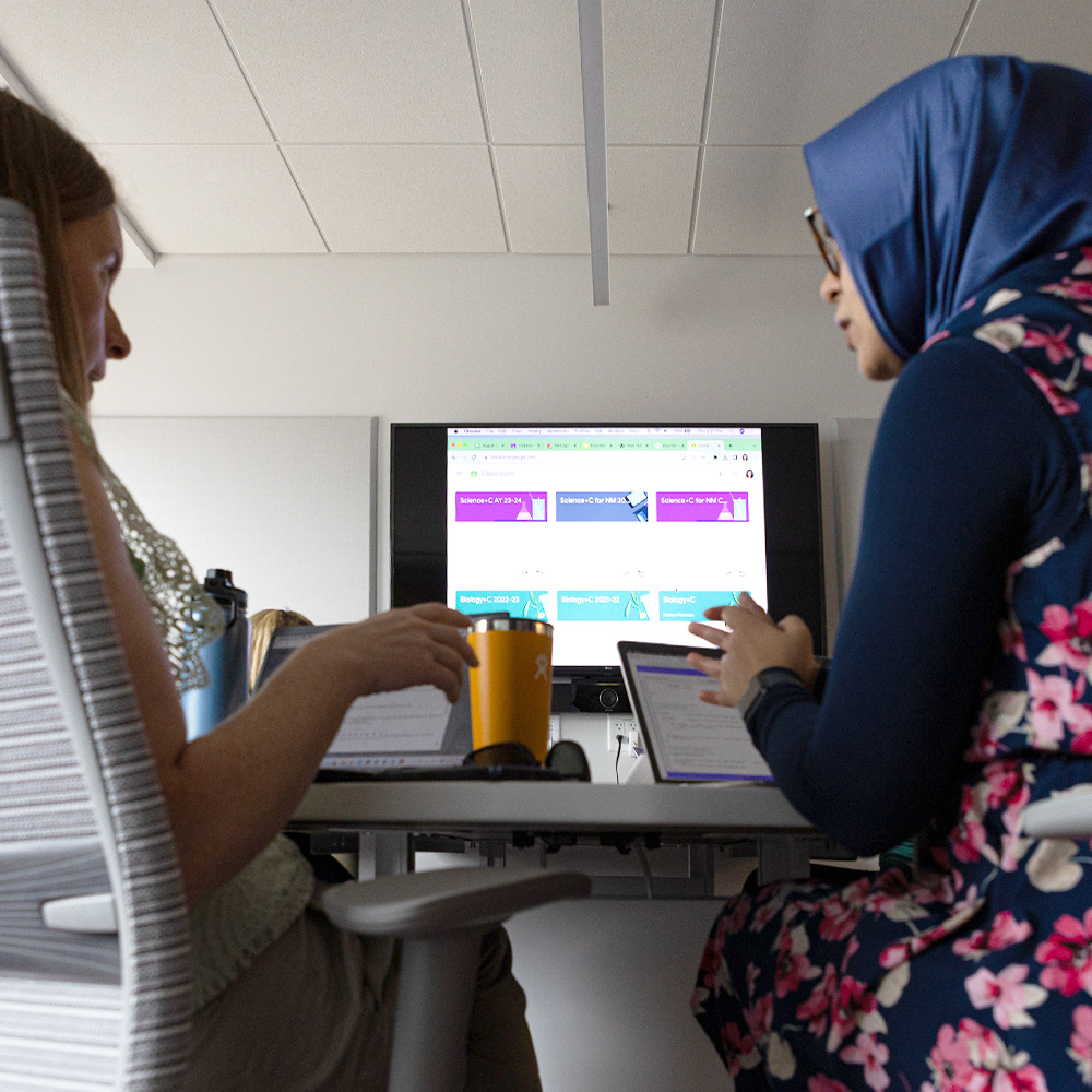Two people seated in front of a computer, working together.