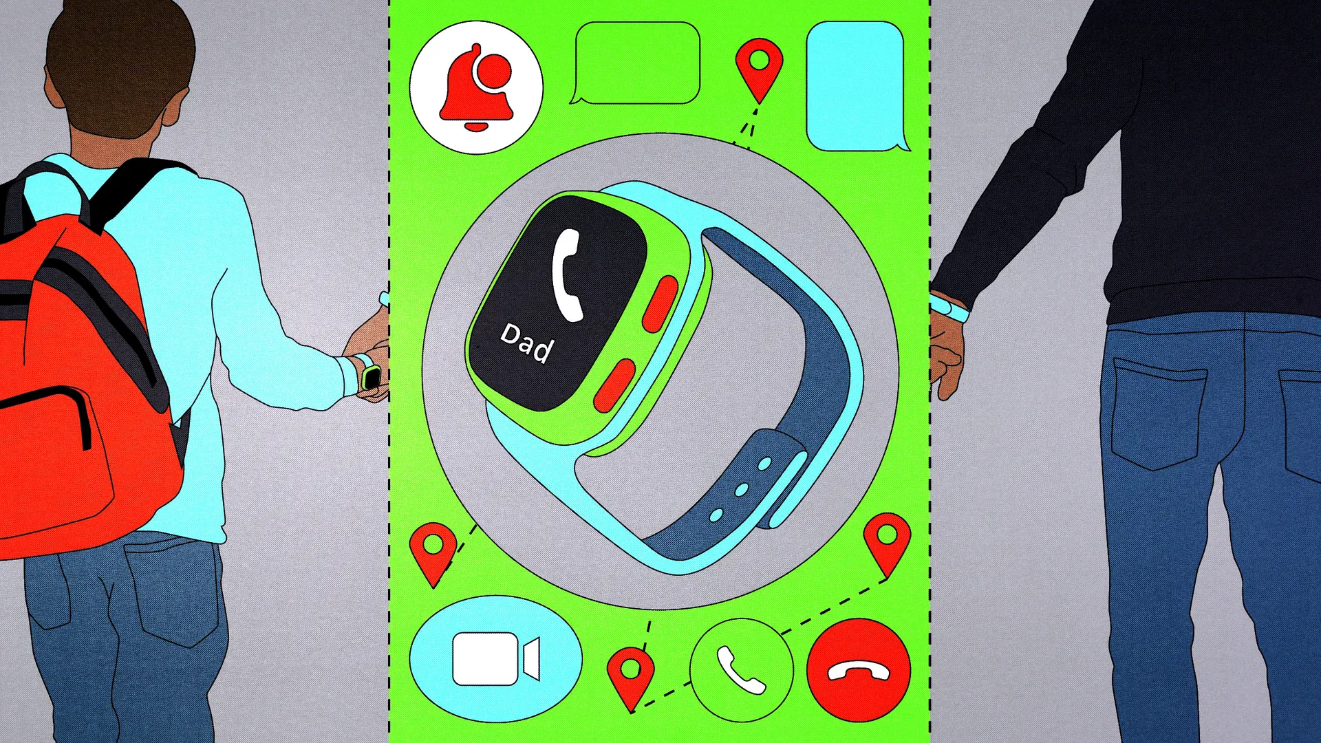 Graphic illustration of a student and an adult, with a smartphone graphic between them.